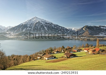 Swiss Alps peaks and lake view near Thun lake in winter
