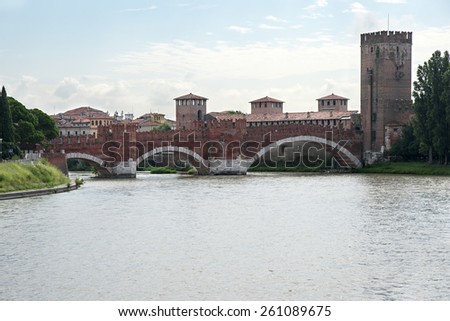 Ancient castle bridge and castle watchtower in Verona, Italy