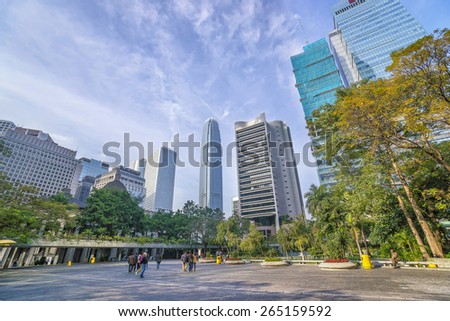 Skyscraper skyline and pedestrian traffic view in central Hong Kong (Hong Kong island)