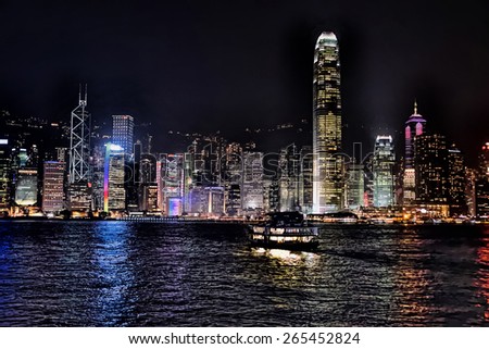 Hong Kong bay and night skyline with ferry