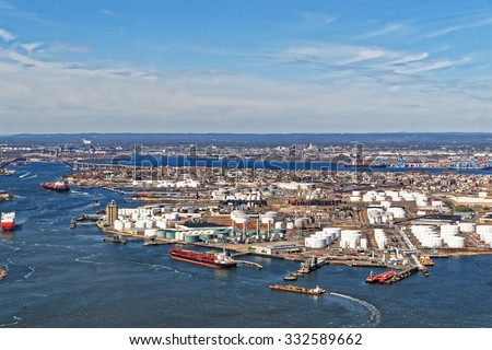 View of Port Newark and the shipping containers in Bayonne, New Jersey. The area is known for oil storage and international shipping
