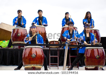 GOLD COAST - AUSTRALIA - 18 MARCH: Unidentified group of drummers performing on Japan & Friends Day festival. 18 March 2012 on Gold Coast, Australia.
