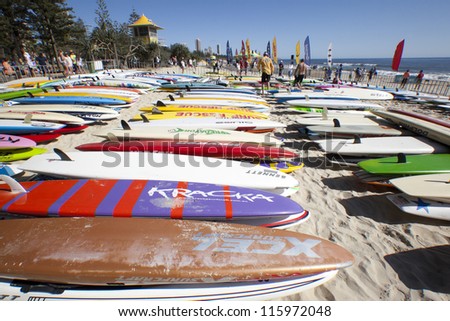 GOLD COAST,  AUSTRALIA  - SEPT 14 2012 : Unidentified  surf boards on the beach   in the Colangatta Gold life saver  competition  on Sept, 14, 2012 in Gold Coast Australia, .