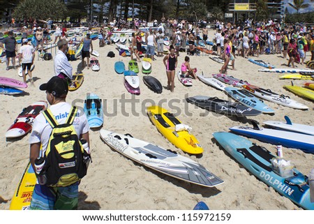 GOLD COAST,  AUSTRALIA  - SEPT 14 2012 : Unidentified surf boards in the Colangatta Gold life saver  competition on Sept, 14, 2012 in Gold Coast Australia, .