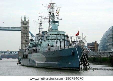 LONDON - DEC 17 : View of HMS Belfast (Royal Navy light cruise) - warship Museum on December  17, 2007, in London. Belfast moored in London on River Thames and operated by the Imperial War Museum.