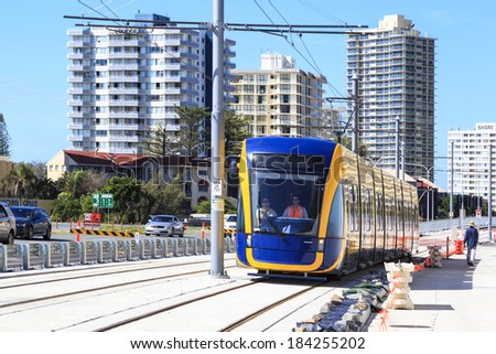 GOLD COAST AUSTRALIA - MARCH 29:  Brand new  light rail on test run (not yet open for the public), under  commissioning  at Surfers Paradise on March 29, 2014  Australia