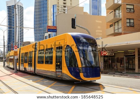 GOLD COAST AUSTRALIA - April 5: Brand new light rail on test run (not yet open for the public), under commissioning at Surfers Paradise on April 5, 2014 Australia