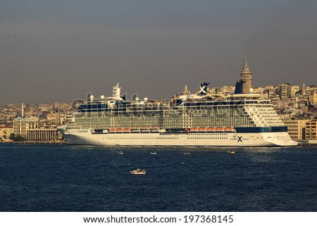 ISTANBUL,TURKEY  MAY 25: Cruise liner Equinox is docked  in Port of Istanbul  Turkey on May 25, 2014 in. Close to 150 - 200 000 passengers, vacationers travels  to Istanbul each year by cruise ships..
