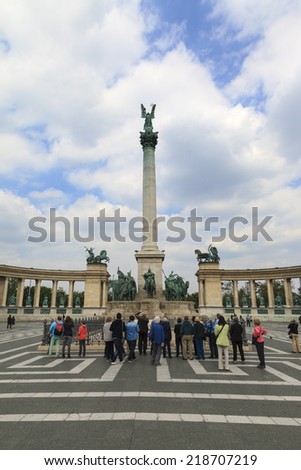 BUDAPEST - MAY 6  2014: Heroes\' Square in Budapest, the statues of Hungarian  Kings and Rulers surrounding the  first  leaders statues of the nation Budapest the  capital and largest city of Hungary.