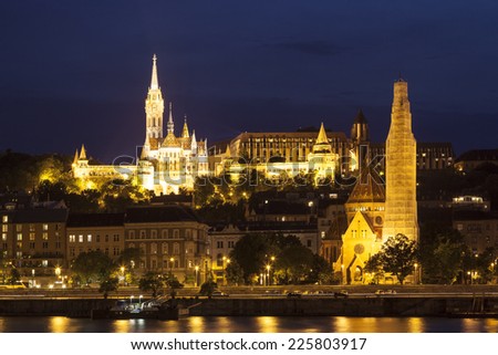 Matthias church and the Fisherman\'s Bastion at night in Budapest Hungary