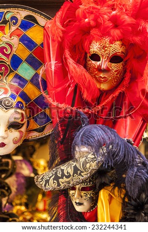 VENICE - JUN  2 2014: street carnival mask shop on  in Venice, Italy. The Carnival of Venice is an annual festival, held in Venice, Italy where many visitors come just come to see this event. .