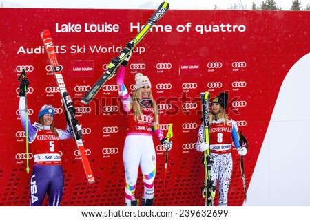 LAKE LOUISE ALBERTA CANADA , ITALY 6 December 2014.  The winning USA Team poising for photographers after the Ladies Super G event. The winner (Lindsey Vonn-in the middle).with her two USA team mates.