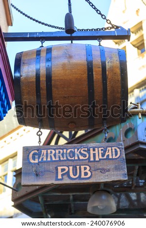 VICTORIA BRITISH COLUMBIA CANADA  NOV 27 2014:   Traditional pub sign, the pubs are one of the focal point of the community and in Victoria also adding to the local flora.