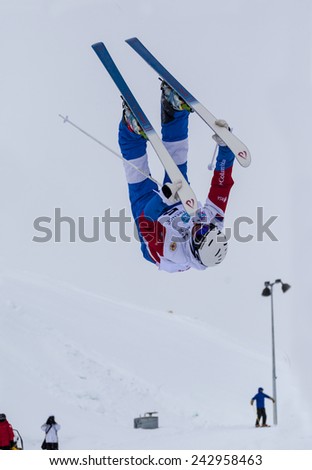 CALGARY CANADA JAN  3  2015.  FIS Freestyle Ski World Cup, Winsport, Calgary Mr. Alexander Smyshlaev from Russia  at the Mogul Free Style World Cup on race day.