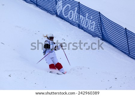 CALGARY CANADA JAN  3  2015.  FIS Freestyle Ski World Cup, Winsport, Calgary Ms. Audrey Robichaud from Canada at the Mogul Free Style World Cup on race day.