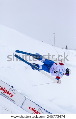 CALGARY CANADA JAN 3 2015. FIS Freestyle Ski World Cup, Winsport, Calgary Mr. Alexander Smyshlaev from Russia  at the Mogul Free Style World Cup on race day.
