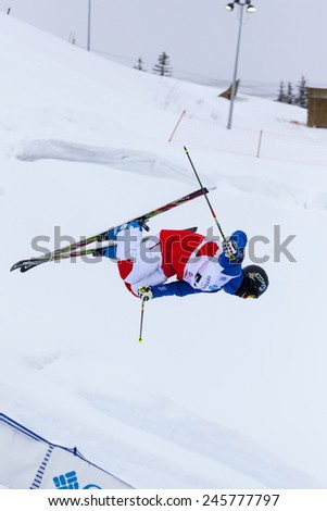 CALGARY CANADA JAN 3 2015. FIS Freestyle Ski World Cup, Winsport, Calgary Mr. Felix Elofsson from Sweden at the Mogul Free Style World Cup on race day.