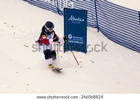 CALGARY CANADA JAN 3 2015. FIS Freestyle Ski World Cup, Winsport, Calgary Ms. Sophie Schwartz  from USA at the Mogul Free Style World Cup on race day.