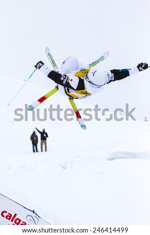 CALGARY CANADA JAN 3 2015. FIS Freestyle Ski World Cup, Winsport, Calgary MR. Simon Pouliot-Cavanagh  from Canada at the Mogul Free Style World Cup on race day.