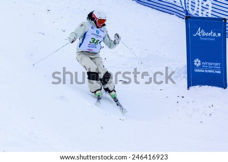 CALGARY CANADA JAN 3 2015. FIS Freestyle Ski World Cup, Winsport, Calgary Ms. Brittany Cox from USA at the Mogul Free Style World Cup on race day.