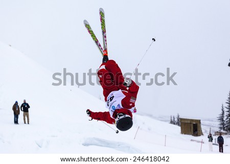 CALGARY CANADA JAN 3 2015. FIS Freestyle Ski World Cup, Winsport, Calgary Mr. Nicolo Manna  from Switzerland  at the Mogul Free Style World Cup on race day.