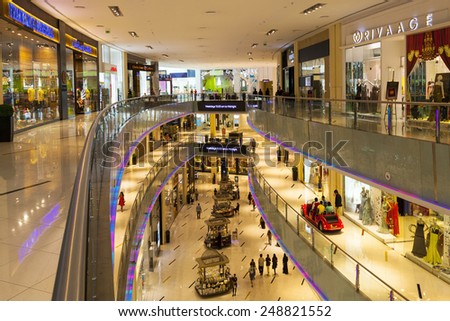 DUBAI, UAE - 5 JUN 2014: People walking in Mall of the Emirates in Dubai, UAE. Mall of the Emirates is multi-level shopping center with over 700 stores. The largest shopping mall by are in the world.