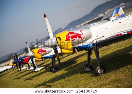 BUDAPEST, HUNGARY - APRIL 30:  Aerobatics planes parked at the tarmac at Budaors airport These planes are designed for aerobatic flights on April 30, 2014 near Budapest, Hungary.