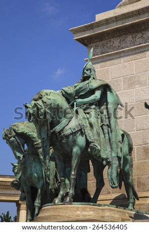 BUDAPEST-MAY  20 2014: Tourists visit Millennium Monument in Heroes Square in Budapest, Hungary. This square has been UNESCO World Heritage site since 2002.