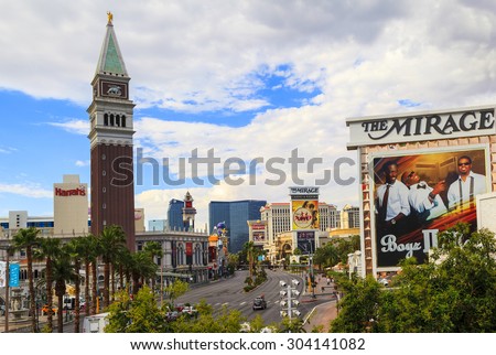 LAS VEGAS USA - JULY 6 2015: A panoramic view along Las Vegas Blvd showing some of the famous landmark hotels and casinos in Las Vegas. About 40 million people visiting the city each year.