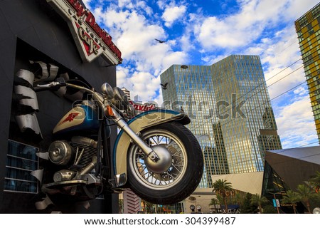LAS VEGAS, USA - JULY 6, 2015: Harley Davidson Cafe on Las Vegas Strip. In the facade there is a 7.1:1 scale replica Sportster weighing 1,200 lbs and measuring 32 feet.