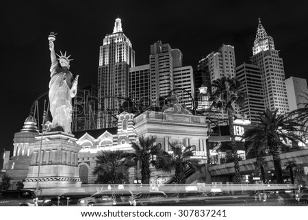 LAS VEGAS - JULY 8 2015: New York-New York located on the Las Vegas Strip is shown in Las Vegas. Replica of the Statue of Liberty is 150 ft (46 m) and the property opened in 1997.
