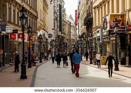 BUDAPEST APRL 29 2014: The newly renovated inner city in Budapest is a big attraction for tourists all over the world. Budapest\'s beauty shown through many centuries of architecture, Hungary.