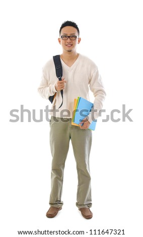 Full body Asian adult student standing over white background