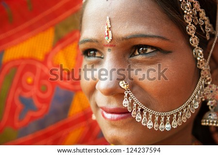 Close up face of Traditional Indian woman in sari costume, India