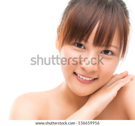 Asian skincare woman pampering her skin, skin care concept. Facial close up of beautiful mixed race Asian. Girl isolated on white background