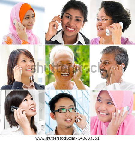 People talking on the phone. Collage made of nine pictures of diversity races. Asian communication concept.