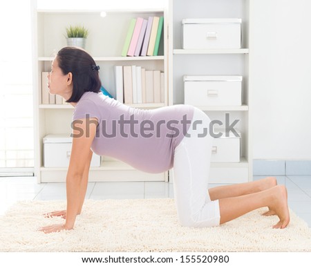 Maternity health concept. Full length healthy 8 months pregnant calm Asian woman meditating or doing yoga exercise at home. Relaxation.Yoga cat positions.