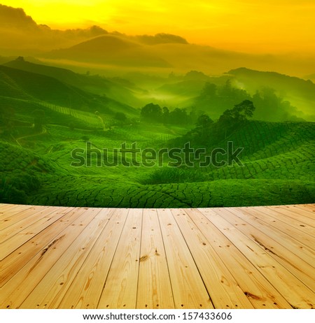 Wooden floor and sunrise view of tea plantation landscape at Cameron Highland, Malaysia.