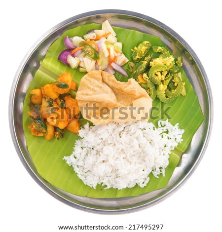 Overhead view of full length Indian vegetarian mixed rice isolated on white background.