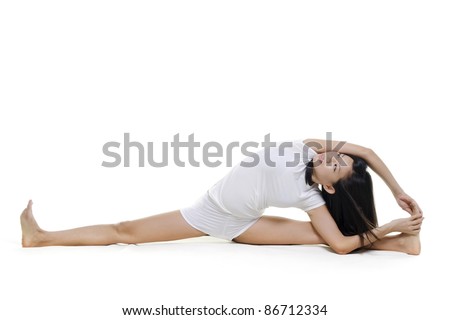 Woman in yoga, Seated Side Stretch Sequence (Parsva Upavista Konasana), on white background