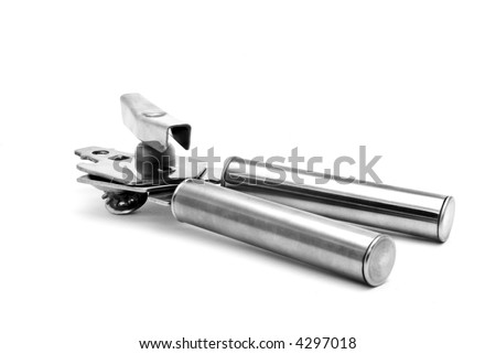 Hand operated can opener isolated against a white background.