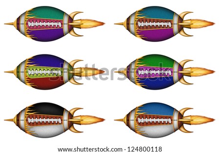 Illustration of footballs as spaceships with various color combinations.