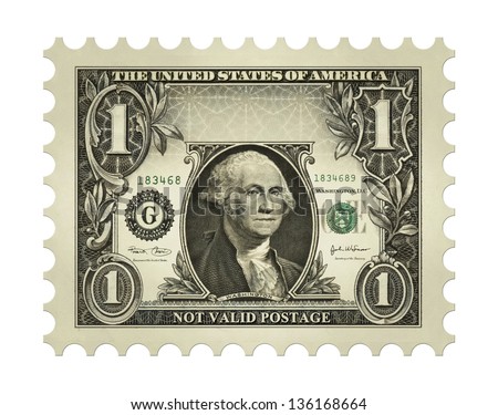 Photo-Illustration using a one dollar bill retouched and re-illustrated to create a faux postage stamp.