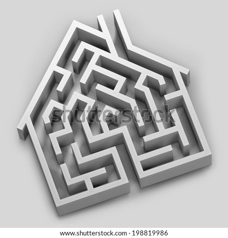 Digital illustration of a maze in the shape of a house.