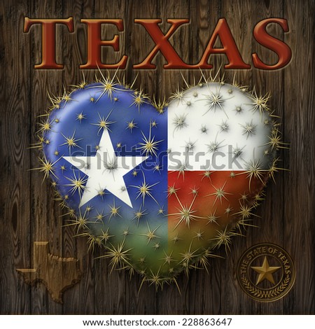 Digital Painting of a heart shaped prickly pear cactus with the Texas flag, map, my own custom Seal.