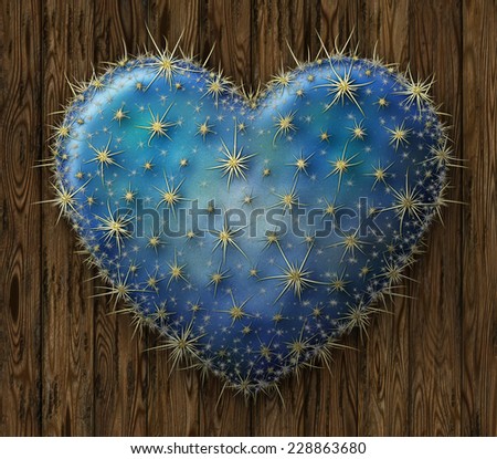Digital illustration of a heart shaped prickly pear cactus against a paneled wood wall.