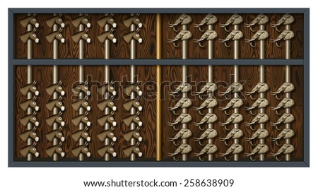An abacus with elephant and donkey heads to count Republican and Democrat votes.