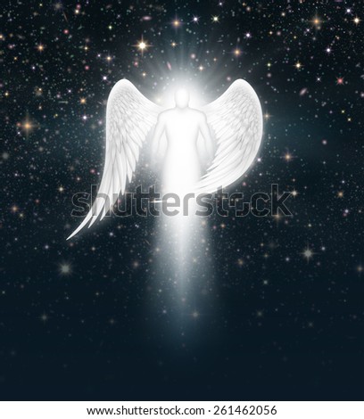 Digital illustration of an angel in the night sky full of stars.
