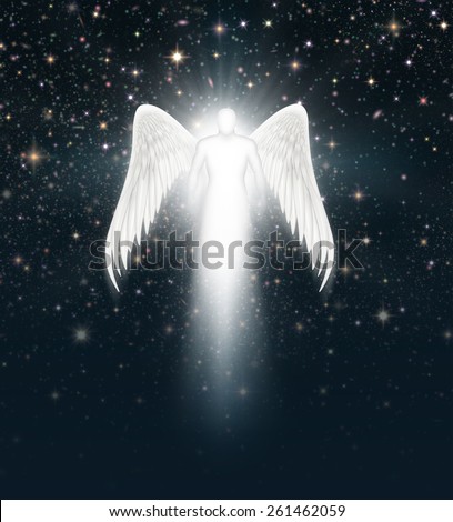 Digital illustration of an angel in the night sky full of stars.