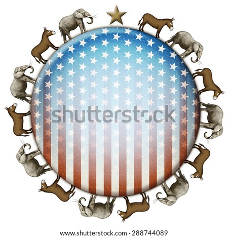 Election stars and stripes button with elephants and donkeys representing the Democratic and Republican parties.